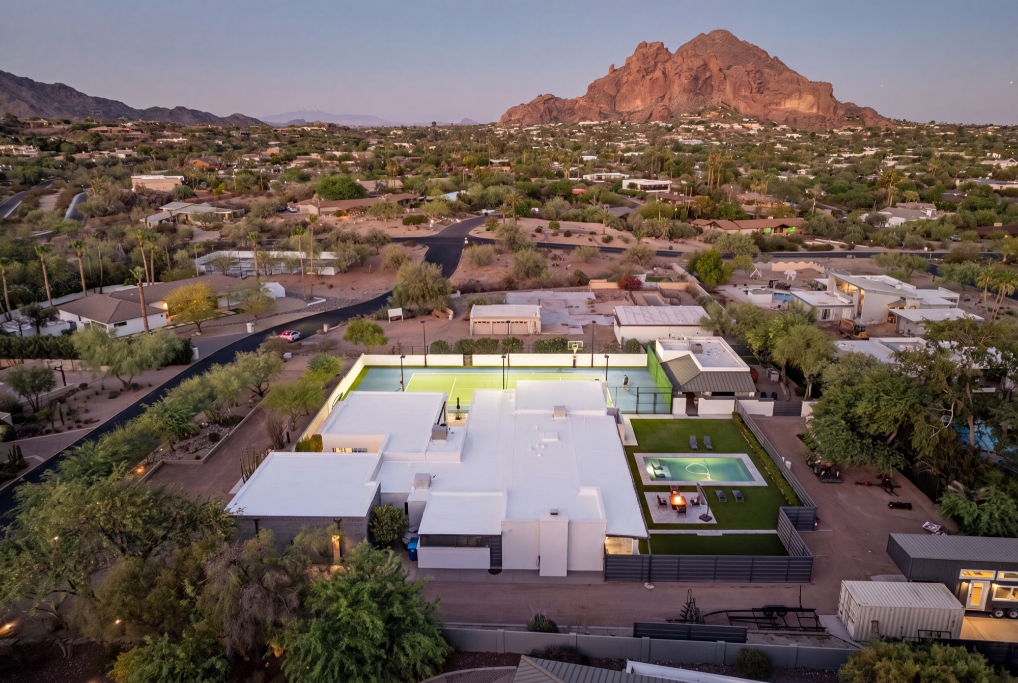 Sunset aerial with glowing court