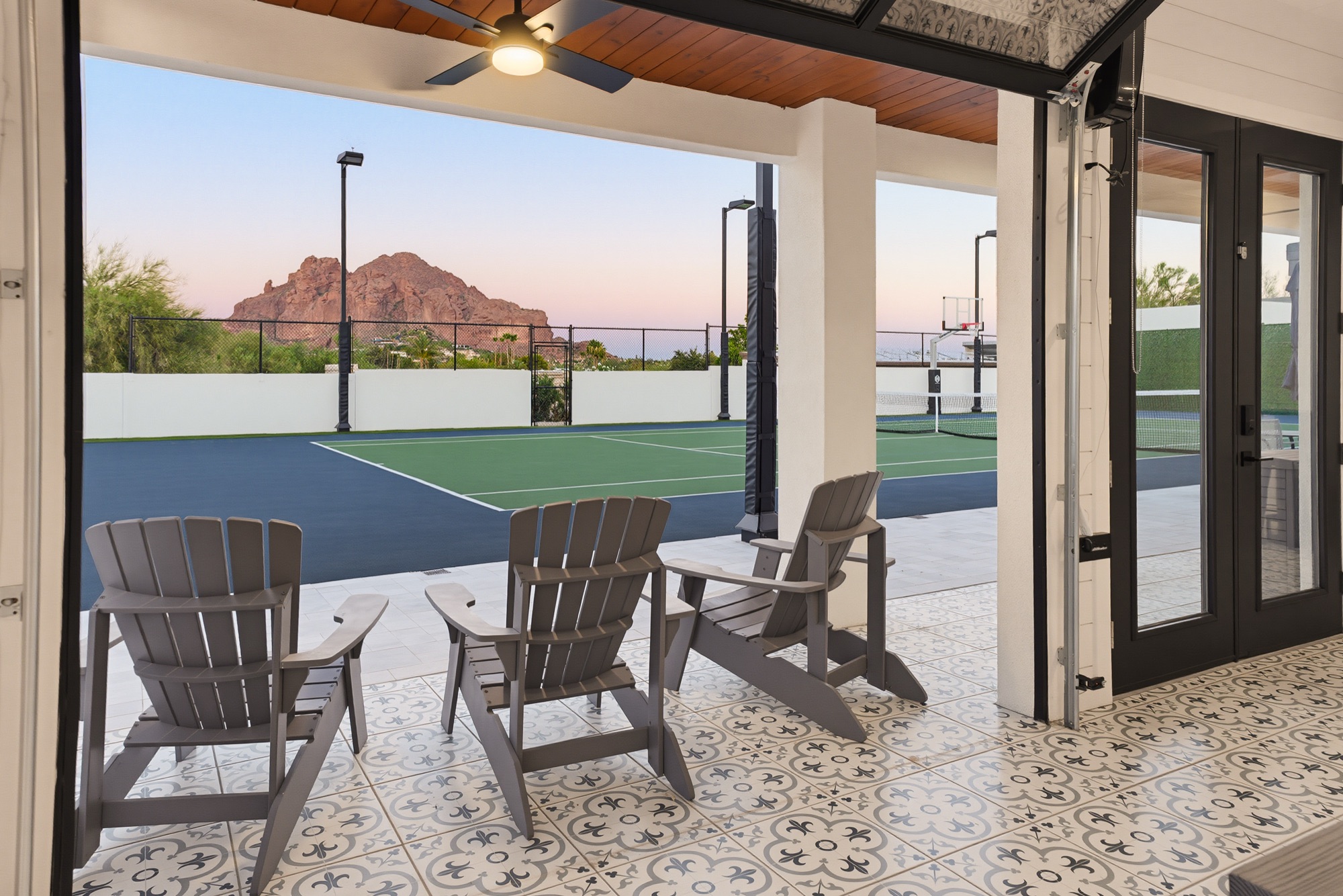 Courtside patio at dusk