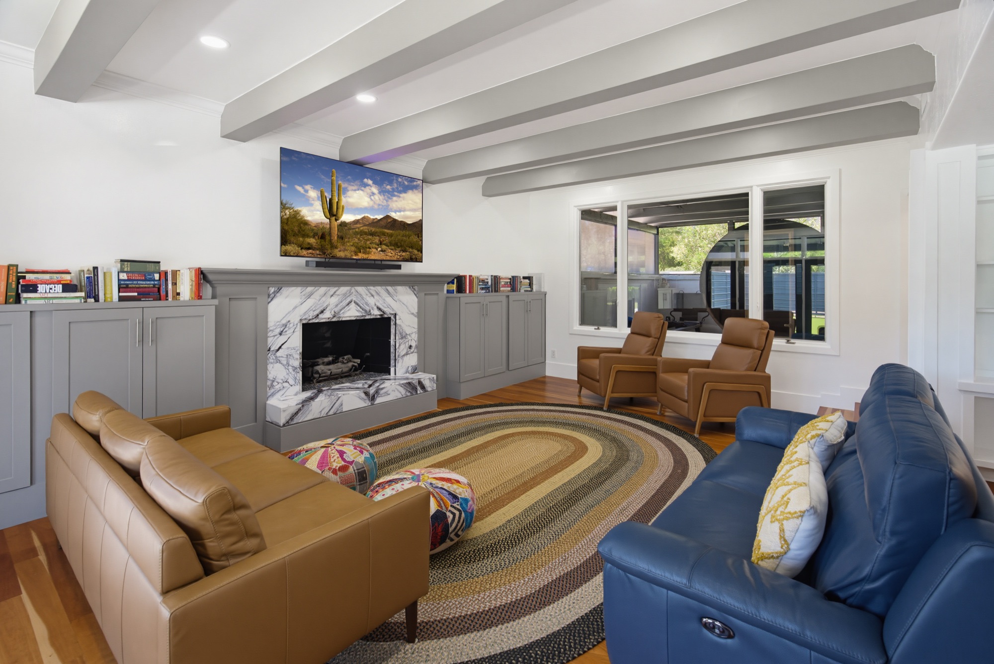Living room with marble fireplace