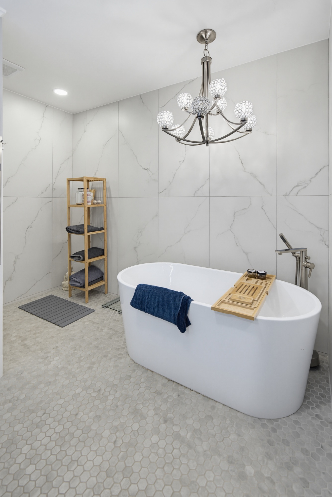 Freestanding soaking tub in the primary bath
